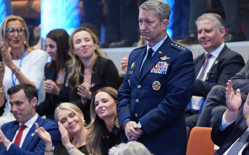 Chairman of the US Joint Chiefs of Staff Gen. Dan Caine is applauded as US President Donald Trump speaks in the Knesset, Oct. 13, 2025. (AP Photo/Evan Vucci, Pool)
