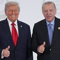 US President Donald Trump (left) greets Turkey's President Recep Tayyip Erdogan during a summit to support ending the more than two-year Israel-Hamas war in Gaza after a breakthrough ceasefire deal, October 13, 2025, in Sharm El Sheikh, Egypt. (AP/Evan Vucci, Pool)