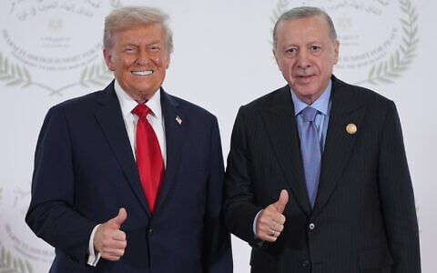 US President Donald Trump (left) greets Turkey's President Recep Tayyip Erdogan during a summit to support ending the more than two-year Israel-Hamas war in Gaza after a breakthrough ceasefire deal, October 13, 2025, in Sharm El Sheikh, Egypt. (AP/Evan Vucci, Pool)