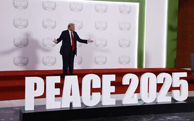 US President Donald Trump at the Gaza International Peace Summit in Sharm el-Sheikh, Egypt, October 13, 2025. (Yoan Valat, Pool photo via AP)