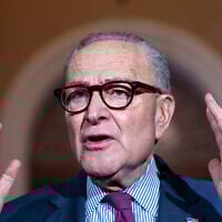 Senate Minority Leader Chuck Schumer, Democrat-New York, expresses his frustration as he speaks to reporters outside the Senate chamber to blame US President Donald Trump and the Republicans with the government shutdown, at the Capitol in Washington, October 16, 2025. (J. Scott Applewhite/AP)