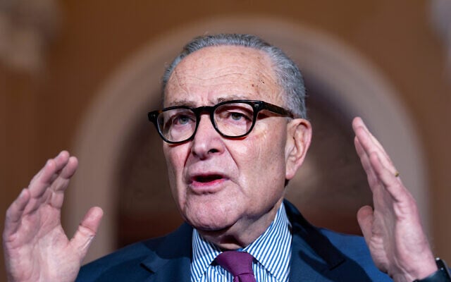 Senate Minority Leader Chuck Schumer, Democrat-New York, expresses his frustration as he speaks to reporters outside the Senate chamber to blame US President Donald Trump and the Republicans with the government shutdown, at the Capitol in Washington, October 16, 2025. (J. Scott Applewhite/AP) Senate Minority Leader Chuck Schumer, Democrat-New York, expresses his frustration as he speaks to reporters outside the Senate chamber to blame US President Donald Trump and the Republicans with the government shutdown, at the Capitol in Washington, October 16, 2025. (J. Scott Applewhite/AP)
