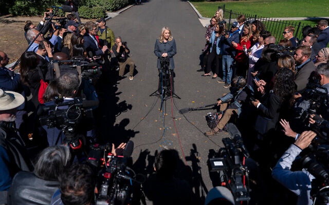 White House press secretary Karoline Leavitt speaks with reporters at the White House, October 16, 2025, in Washington. (AP Photo/Alex Brandon)