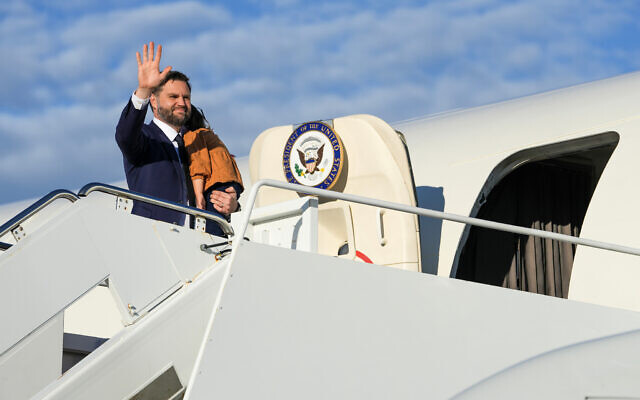 US Vice President JD Vance waves as he boards Air Force Two at Joint Base Andrews in Maryland, on October 17, 2025. (Oliver Contreras/Pool via AP)