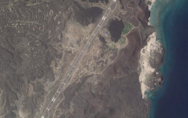 This satellite image from Planet Labs PBC shows an airstrip built on Zuqar Island, Yemen, in the Red Sea on October 19, 2025. (Planet Labs PBC via AP)