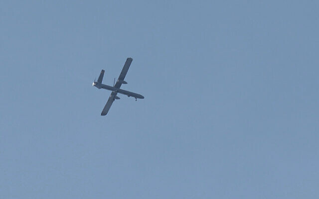 Illustrative: An Israeli drone flies over Beirut, Lebanon, October 20, 2025. (AP Photo/Bilal Hussein)