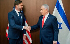 US Vice President JD Vance, left, meets with Prime Minister Benjamin Netanyahu at the Prime Minister's Office in Jerusalem, on October 22, 2025. (Nathan Howard/The New York Times via AP)