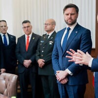 US Vice President JD Vance, second right, listens as Prime Minister Benjamin Netanyahu speaks during a meeting at the Prime Minister's Office in Jerusalem, Israel, on  Oct. 22, 2025. (Nathan Howard/The New York Times via AP, Pool)