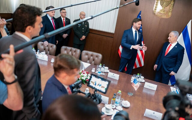 US Vice President JD Vance, and Israel's Prime Minister Benjamin Netanyahu (right) meet at the Prime Minister's Office in Jerusalem, Israel, Oct. 22, 2025. (Nathan Howard/The New York Times via AP, Pool)