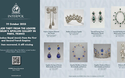 This photo provided October 23, 2025 by Interpol and taken from its website shows the jewels stolen in the Louvre museum in Paris on October 19, 2025. (Interpol via AP)