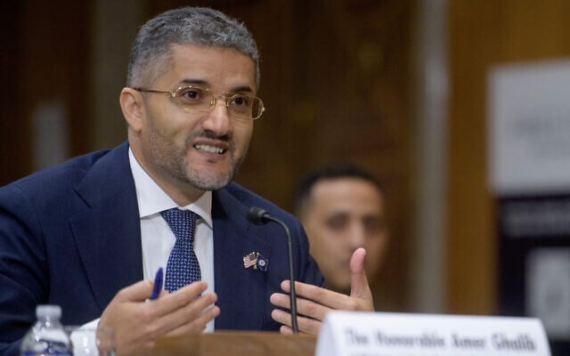 Amer Ghalib appears before a Senate Committee on Foreign Relations hearing on his pending nomination to be US ambassador to Kuwait, on Capitol Hill, October 23, 2025, in Washington, DC. (AP/Rod Lamkey, Jr.) Amer Ghalib appears before a Senate Committee on Foreign Relations hearing on his pending nomination to be US ambassador to Kuwait, on Capitol Hill, October 23, 2025, in Washington, DC. (AP/Rod Lamkey, Jr.)