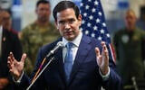 US Secretary of State Marco Rubio speaks to the media at the Civil-Military Coordination Center for Gaza in southern Israel, October 24, 2025. (Fadel Senna/Pool Photo via AP)