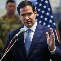 US Secretary of State Marco Rubio speaks to the media at the Civil-Military Coordination Center for Gaza in southern Israel, October 24, 2025. (Fadel Senna/Pool Photo via AP)