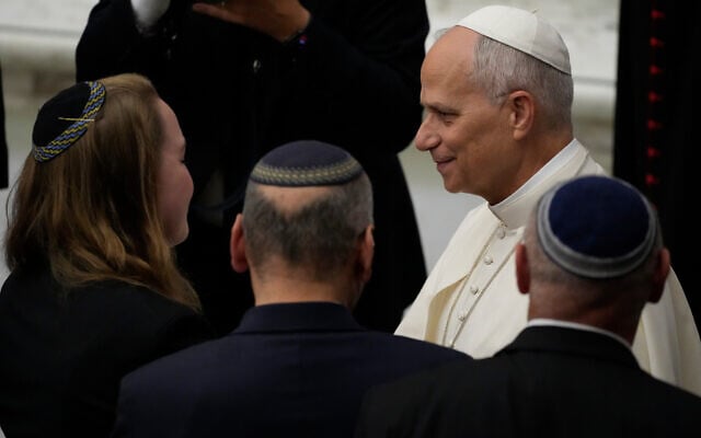 Pope Leo XIV attends a commemoration of the 60th anniversary of the Vatican 1965 declaration Nostra Aetate (In Our Time) in the Paul VI Hall at the Vatican, October 28, 2025. (AP/Gregorio Borgia)