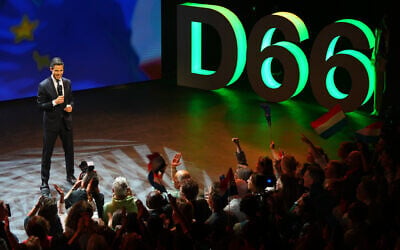 Rob Jetten, leader of the center-left D66 party, speaks on stage during exit poll results an election venue during a general election in Leiden, Netherlands, October 29, 2025. (AP Photo/Peter Dejong)