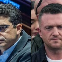 Minister of Diaspora Affairs and Combating Antisemitism Amichai Chikli (L) attends a session at the Knesset in Jerusalem, May 7, 2025. (Yonatan Sindel/Flash90); British far-right activist Tommy Robinson, whose real name is Stephen Yaxley-Lennon, marches with supporters through central London during a 'Free speech' march, on September 13, 2025. (CARLOS JASSO / AFP)