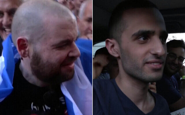 Released hostages Eitan Horn (L) and Nimrod Cohen seen upon their release from the hospital and return to their homes in Kfar Saba and Rehovot, on October 16, 2025. (Screenshots/Reuters)