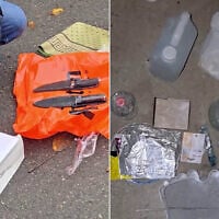 Video shared by Russian media on October 6, 2025, shows materials purportedly seized by the FSB security service from suspected conspirators in a plot to bomb a synagogue. (Screen capture, used in accordance with Clause 27a of the Copyright Law)