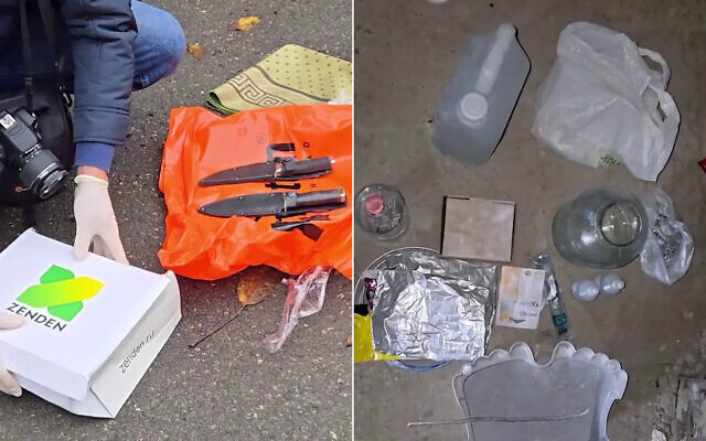 Video shared by Russian media on October 6, 2025, shows materials purportedly seized by the FSB security service from suspected conspirators in a plot to bomb a synagogue. (Screen capture, used in accordance with Clause 27a of the Copyright Law) Video shared by Russian media on October 6, 2025, shows materials purportedly seized by the FSB security service from suspected conspirators in a plot to bomb a synagogue. (Screen capture, used in accordance with Clause 27a of the Copyright Law)