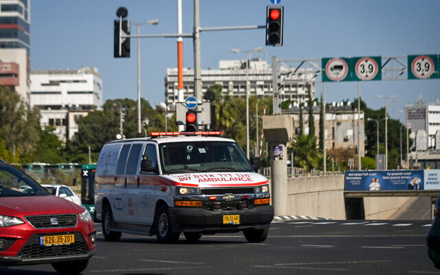 Illustrative: A Magen David Adom ambulance drives through the streets of Haifa, northern Israel, on October 23, 2024. (Michael Giladi/Flash90)