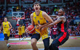 The second game in the finals of the Israeli Basketball Premier League between Maccabi Tel Aviv and Hapoel Jerusalem at the Jerusalem Pais Arena, June 12, 2025. (Oren Ben Hakoon/Flash90)