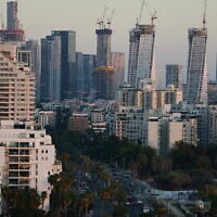 Scenic view of skyscrapers and cranes in the skyline of Tel Aviv, on July 6, 2025. (Shahar Yaari / Flash90)