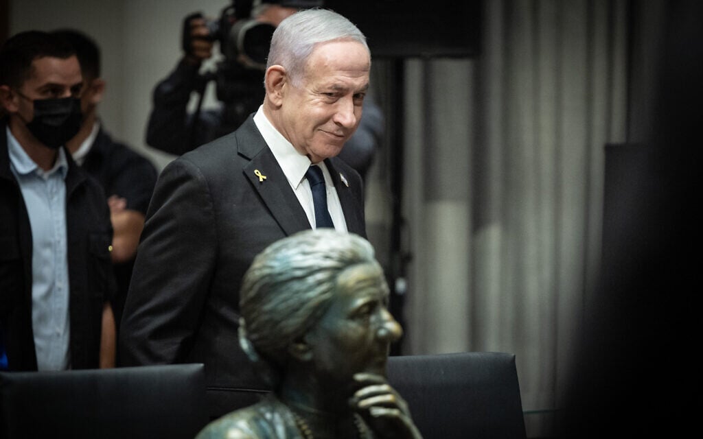 Prime Minister Benjamin Netanyahu attends the opening ceremony of the new Knesset museum, in Jerusalem on August 11, 2025. (Yonatan Sindel/Flash90)