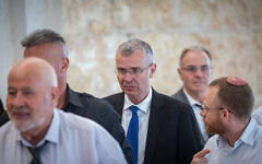 Justice Minister Yariv Levin arrives at the Supreme Court for the retirement ceremony for judge Yosef Elron, September 18, 2025. (Yonatan Sindel/Flash90)
