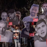 Israelis attend a protest calling for the release of the hostages held by Hamas in Gaza, and an end to the war, outside Prime Minister Benjamin Netanyahu's residence in Jerusalem, on October 5, 2025. (Chaim Goldberg/Flash90)
