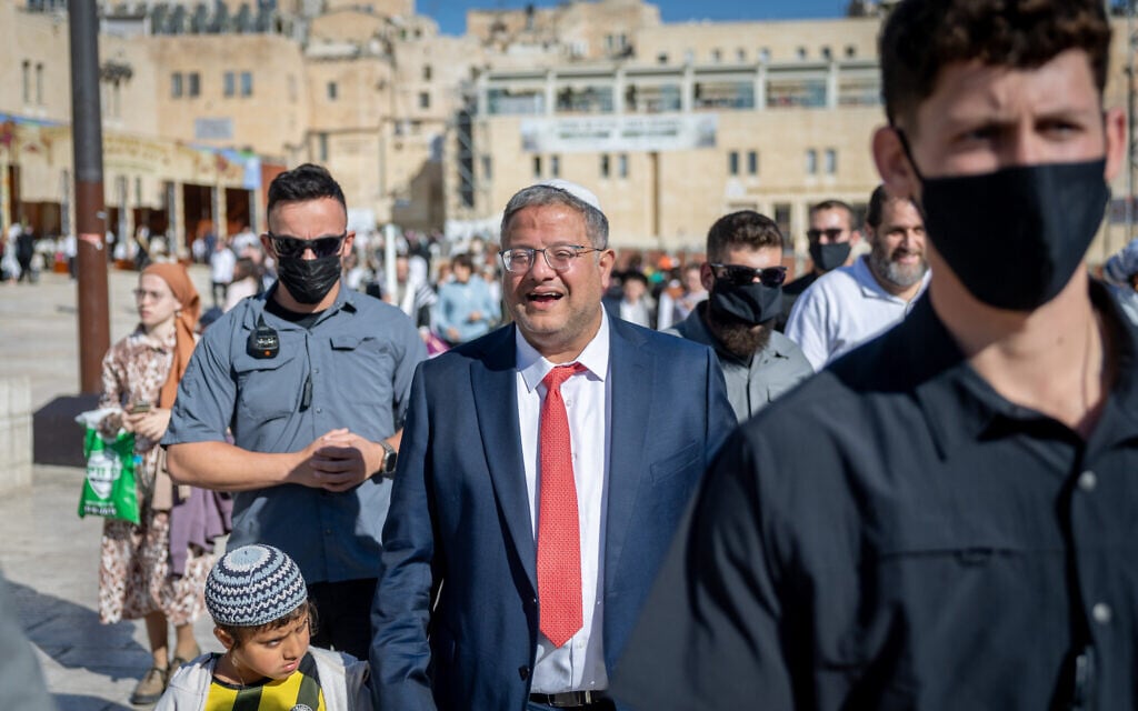 National Security Minister Itamar Ben Gvir seen at the entrance to the Temple Mount, before entering, in Jerusalem's Old City, on October 8, 2025. (Chaim Goldberg/FLASH9)