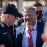 National Security Minister Itamar Ben Gvir is seen at the entrance to the Temple Mount, before entering, in Jerusalem's Old City. October 8, 2025. (Chaim Goldberg/FLASH90)