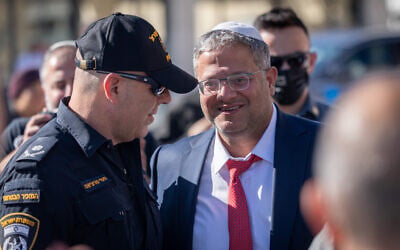 National Security Minister Itamar Ben Gvir is seen at the entrance to the Temple Mount, in Jerusalem's Old City. October 8, 2025. (Chaim Goldberg/FLASH90)
