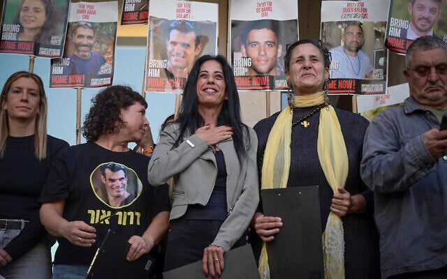 EInav Zanguaker (C) and other relatives of hostage hold a press conference at Hostages Square in Tel Aviv on October 11, 2025. (Avshalom Sassoni/Flash90) EInav Zanguaker (C) and other relatives of hostage hold a press conference at Hostages Square in Tel Aviv on October 11, 2025. (Avshalom Sassoni/Flash90)