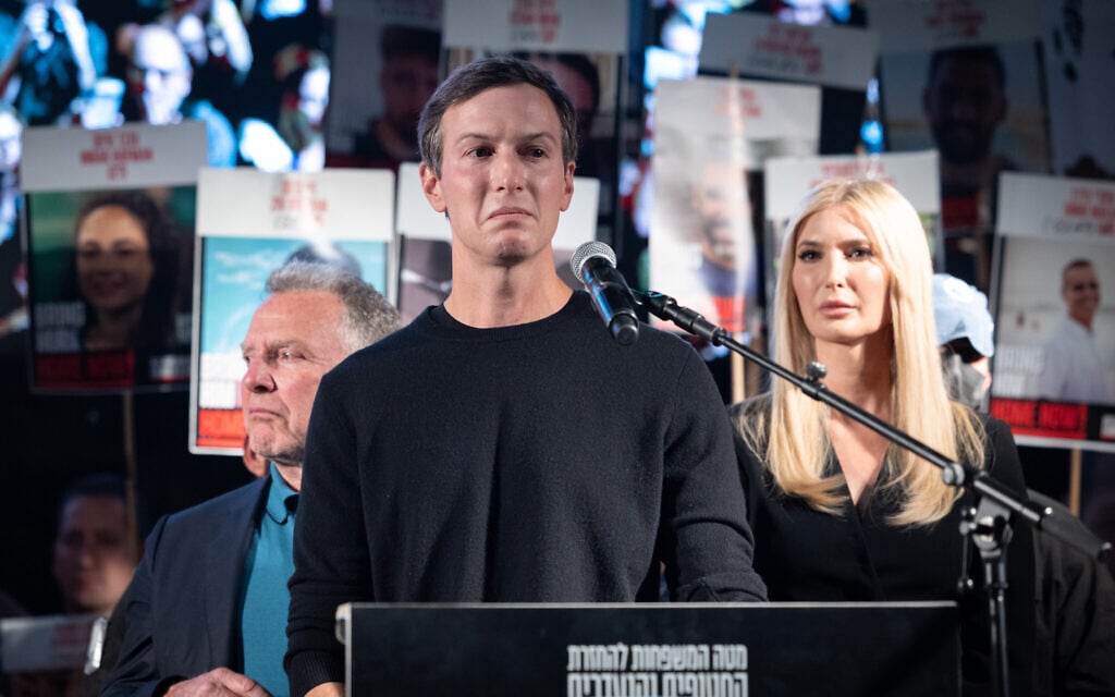 Jared Kushner speaks at the weekly rally at Hostage Square in Tel Aviv, October 11, 2025. (Chaim Goldberg/Flash90)