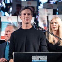 Jared Kushner speaks at the weekly rally at Hostage Square in Tel Aviv, October 11, 2025. (Chaim Goldberg/Flash90)