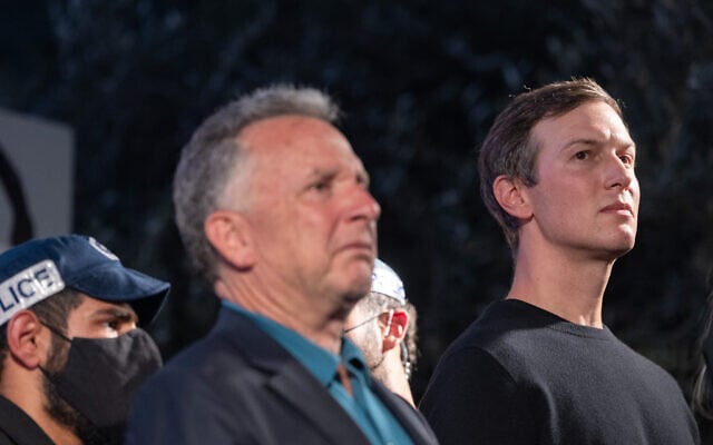 US special envoy Steve Witkoff, left, and top White House adviser Jared Kushner attend a rally at Hostages Square in Tel Aviv, October 11, 2025. (Chaim Goldberg/Flash90) US special envoy Steve Witkoff, left, and top White House adviser Jared Kushner attend a rally at Hostages Square in Tel Aviv, October 11, 2025. (Chaim Goldberg/Flash90)
