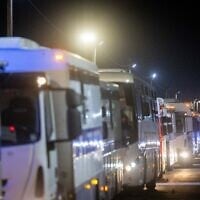 FILE: A convoy of Palestinian prisoners leave the Ketziot Prison in southern Israel, as part of a hostage deal between Israel and Hamas, February 27, 2025. (Chaim Goldberg/Flash90)