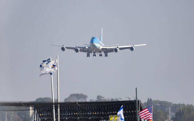 US President Donald Trump's Air Force 1 lands at Ben Gurion Airport on October 13, 2025 (Chaim Goldberg/Flash90)