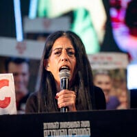 Einav Zangauker, mother of released hostage Matan Zangauker, speaks at Tel Aviv's Hostages Square on October 18, 2025. (Chaim Goldberg/Flash90)