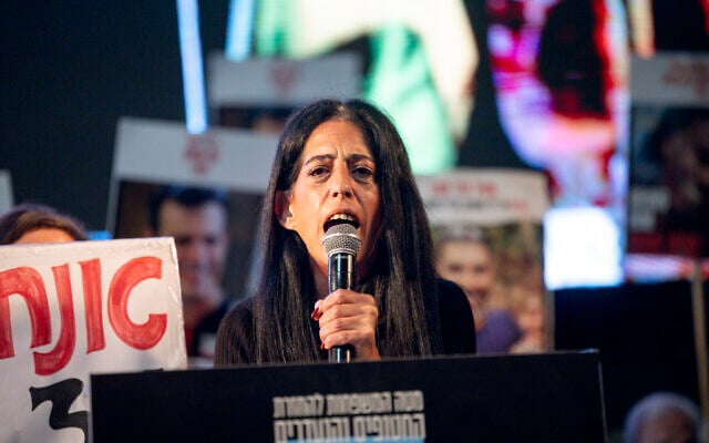 Einav Zangauker, mother of released hostage Matan Zangauker, speaks at Tel Aviv's Hostages Square on October 18, 2025. (Chaim Goldberg/Flash90)