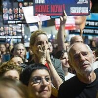 People attend a rally at Hostages Square in Tel Aviv, October 18, 2025. (Chaim Goldberg/Flash90)