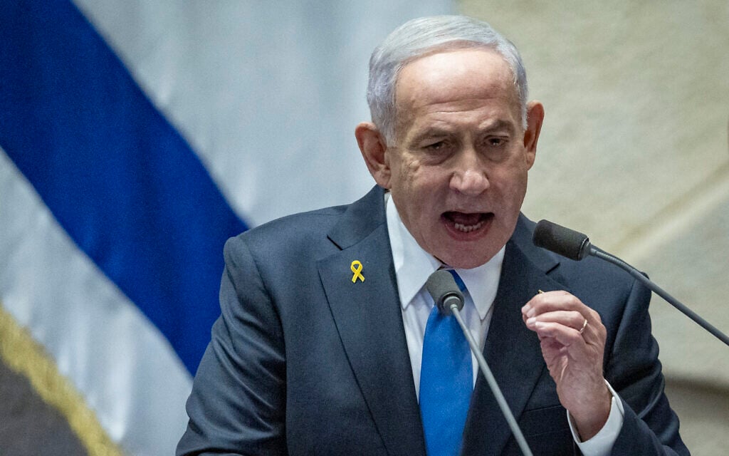 Prime Minister Benjamin Netanyahu speaks during a plenary session of the opening day of the winter session at the Knesset, on October 20, 2025. (Chaim Goldberg/ Flash90)