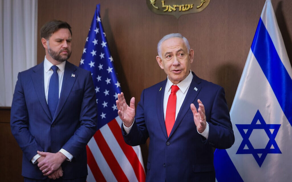Prime Minister Benjamin Netanyahu, right, speaks alongside US Vice President JD Vance at the Prime Minister's Office in Jerusalem, October 22, 2025 (Marc Israel Sellem/POOL)