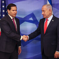 US Secretary of State Marco Rubio (left) and Prime Minister Benjamin Netanyahu give brief statements to the press at Netanyahu's office in Jerusalem, October 23, 2025. (Oren Ben Hakoon/Flash90)