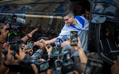 Freed hostage Evyatar David arrives at his home in Kfar Saba, October 26, 2025. (Erik Marmor/Flash90)