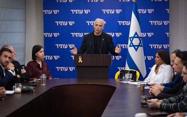 Opposition leader and Yesh Atid chair Yair Lapid leads a faction meeting at the Knesset, the Israeli parliament in Jerusalem, on October 27, 2025. (Yonatan Sindel/Flash90) Opposition leader and Yesh Atid chair Yair Lapid leads a faction meeting at the Knesset, the Israeli parliament in Jerusalem, on October 27, 2025. (Yonatan Sindel/Flash90)