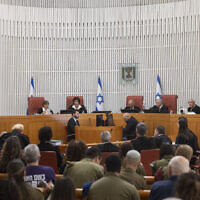 A court hearing on the government’s efforts to draft ultra-Orthodox Jews into the military, at the Supreme Court in Jerusalem, October 29, 2025 (Chaim Goldberg/Flash90)