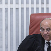 Deputy President of the Supreme Court Noam Sohlberg presides over a hearing on the government’s enforcement measures against ultra-Orthodox draft evaders, October 29, 2025. (Chaim Goldberg / Flash90)