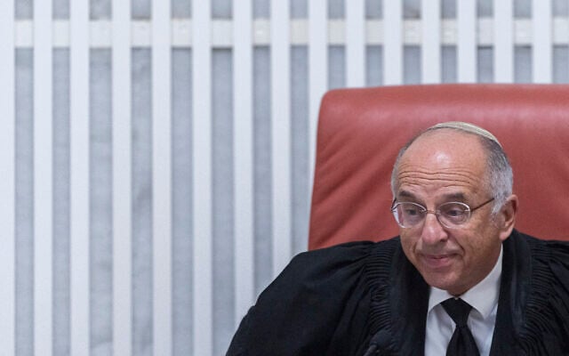 Deputy President of the Supreme Court Noam Sohlberg presides over a hearing on the government’s enforcement measures against ultra-Orthodox draft evaders, October 29, 2025. (Chaim Goldberg / Flash90)