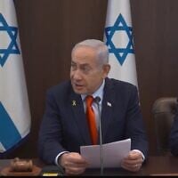 Prime Minister Benjamin Netanyahu speaks at a cabinet meeting in Jerusalem on October 19, 2025. (Screenshot/GPO)